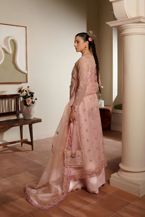 Designer Sunehri-Zee unstitched pink organza suit with intricate embroidery by Maryam's, exclusive festive wear at Tajori