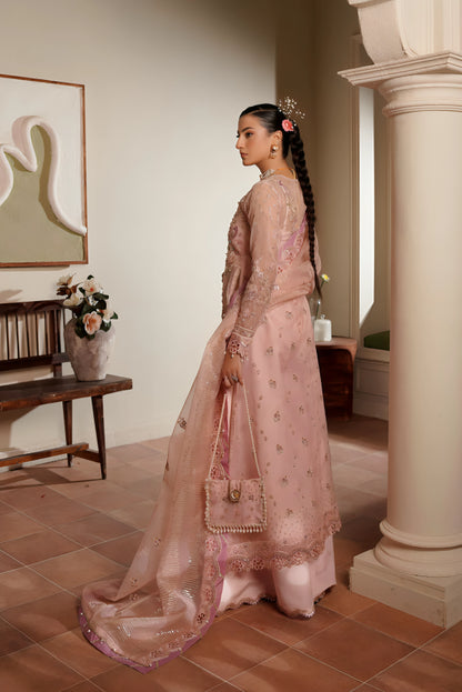 Designer Sunehri-Zee unstitched pink organza suit with intricate embroidery by Maryam's, exclusive festive wear at Tajori