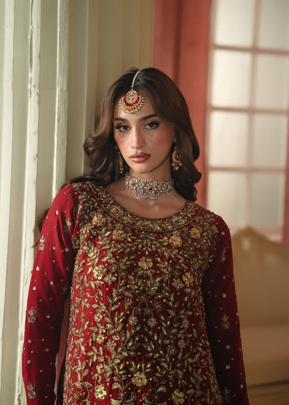 Woman in traditional red and gold embroidered outfit with jewelry, standing indoors.