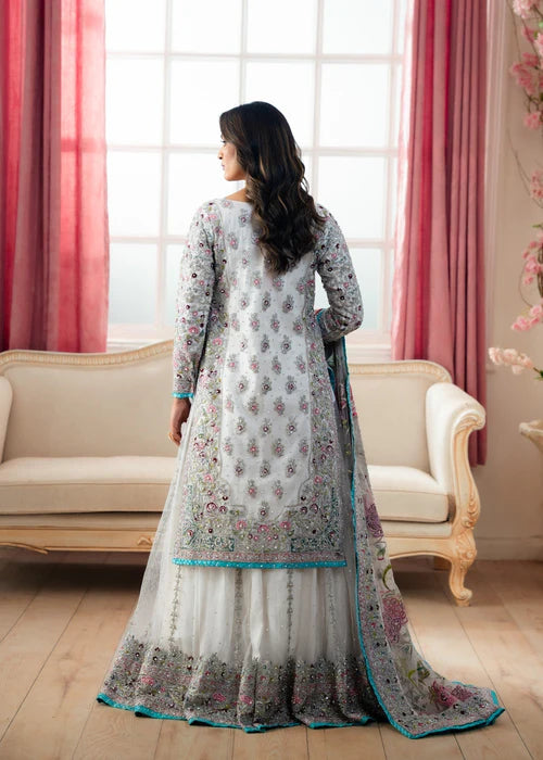 Back view of Zarghona floral embroidered net shirt and lehenga, Haseens ethnic wear