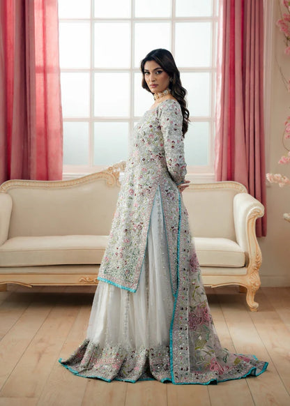Side view of Zarghona premium net lehenga set, formal Pakistani wedding wear