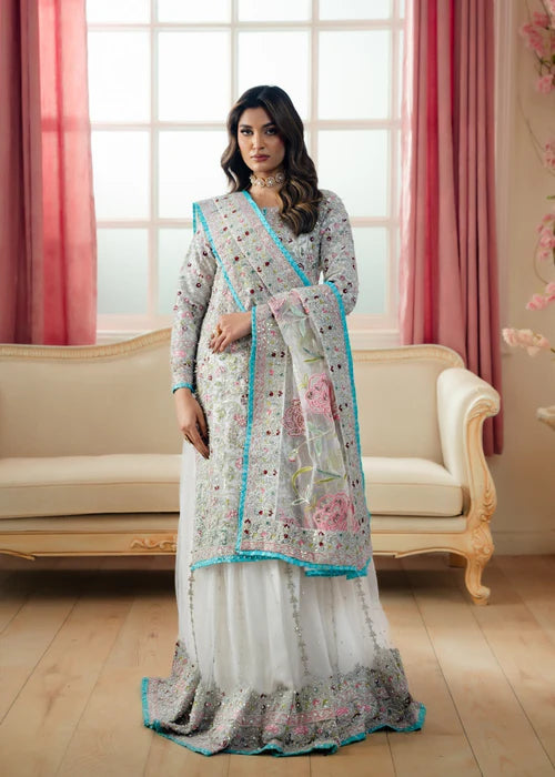 Elegant Zarghona net lehenga with floral embroidery, Haseens formal designer dress