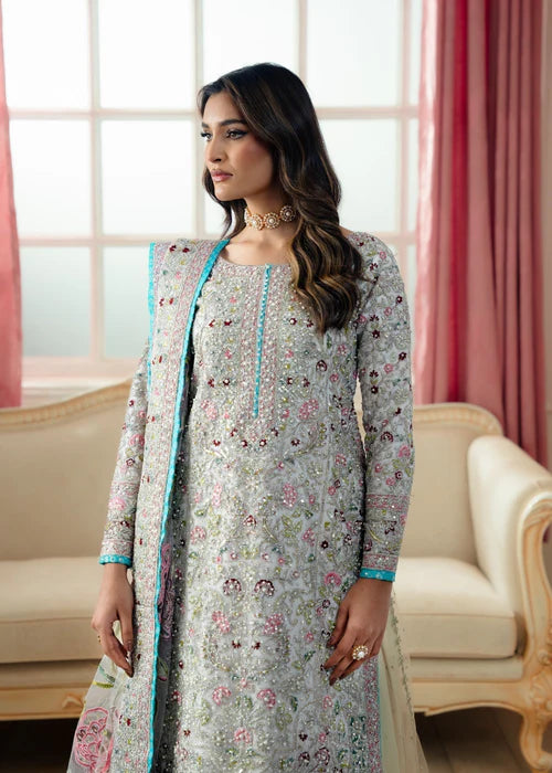 Close-up view of Zarghona embroidered net shirt design, Haseens luxury collection