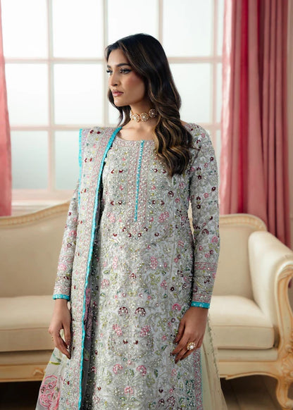 Close-up view of Zarghona embroidered net shirt design, Haseens luxury collection