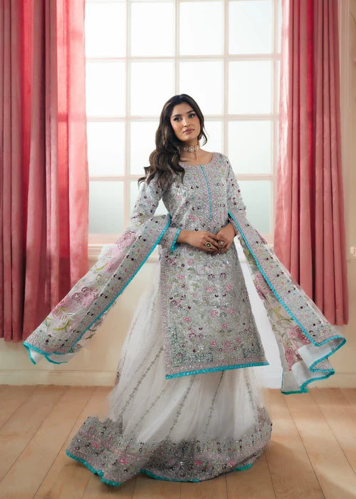 Zarghona formal net lehenga 3-piece set by Haseens, premium bridal party wear