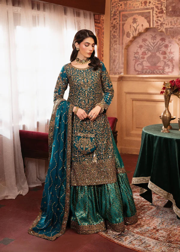 Woman in a traditional embroidered outfit standing in an ornate room.