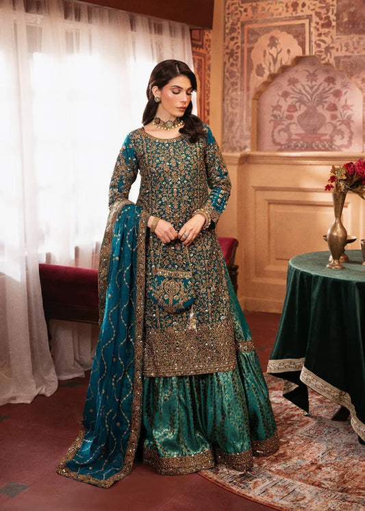 Woman in a traditional embroidered outfit standing in an ornate room.