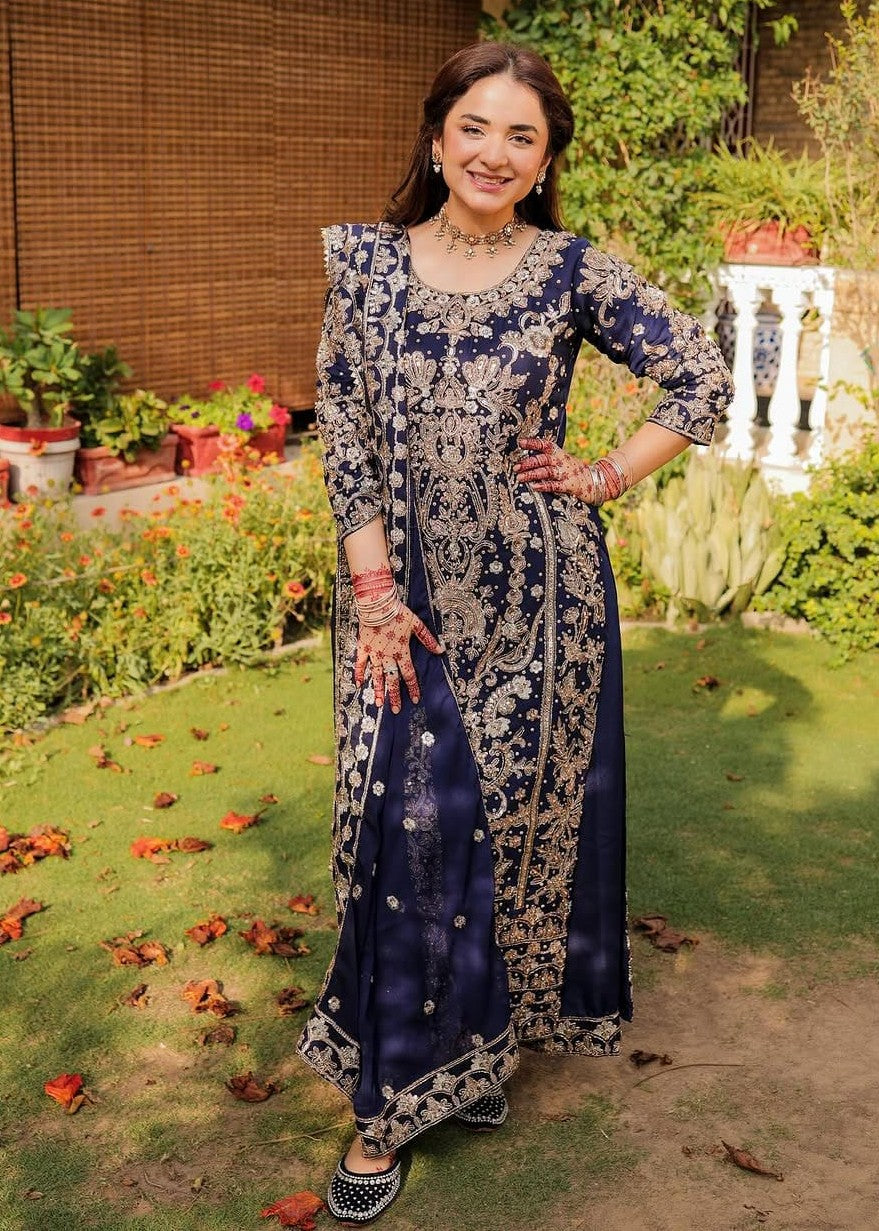 Haseens Official Women's Embroidered Chiffon Kurta Set Blue