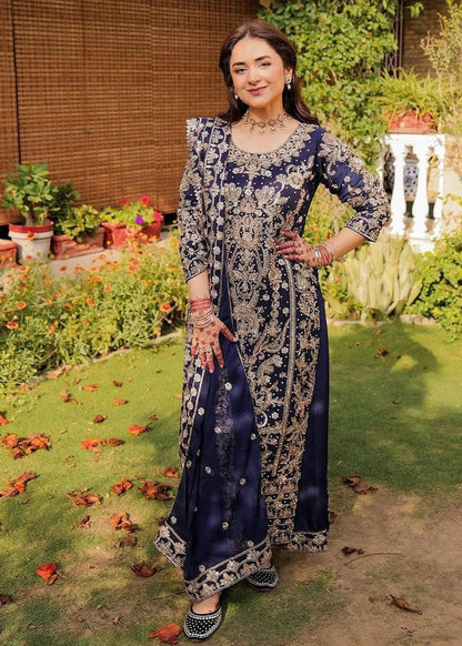 Haseens Official Women's Embroidered Chiffon Kurta Set Blue