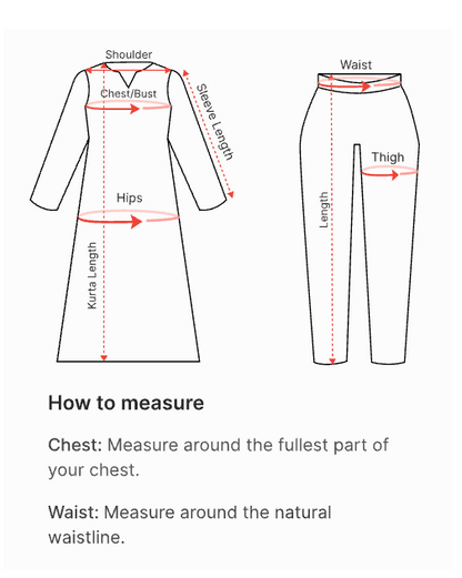 Measurement guide showing line drawings of a long dress and a pair of pants with labeled body measurement areas including shoulder, chest/bust, sleeve length, hips, kurna length, waist, and thigh, plus text instructions on how to measure.