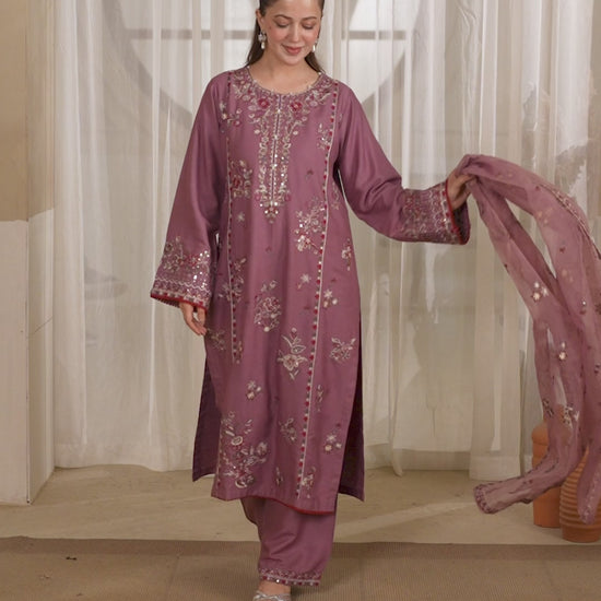 Sarahmaryam Mauve Pink embroidered 3-piece festive party wear kurta set with organza dupatta for women - Tajori Bangladesh