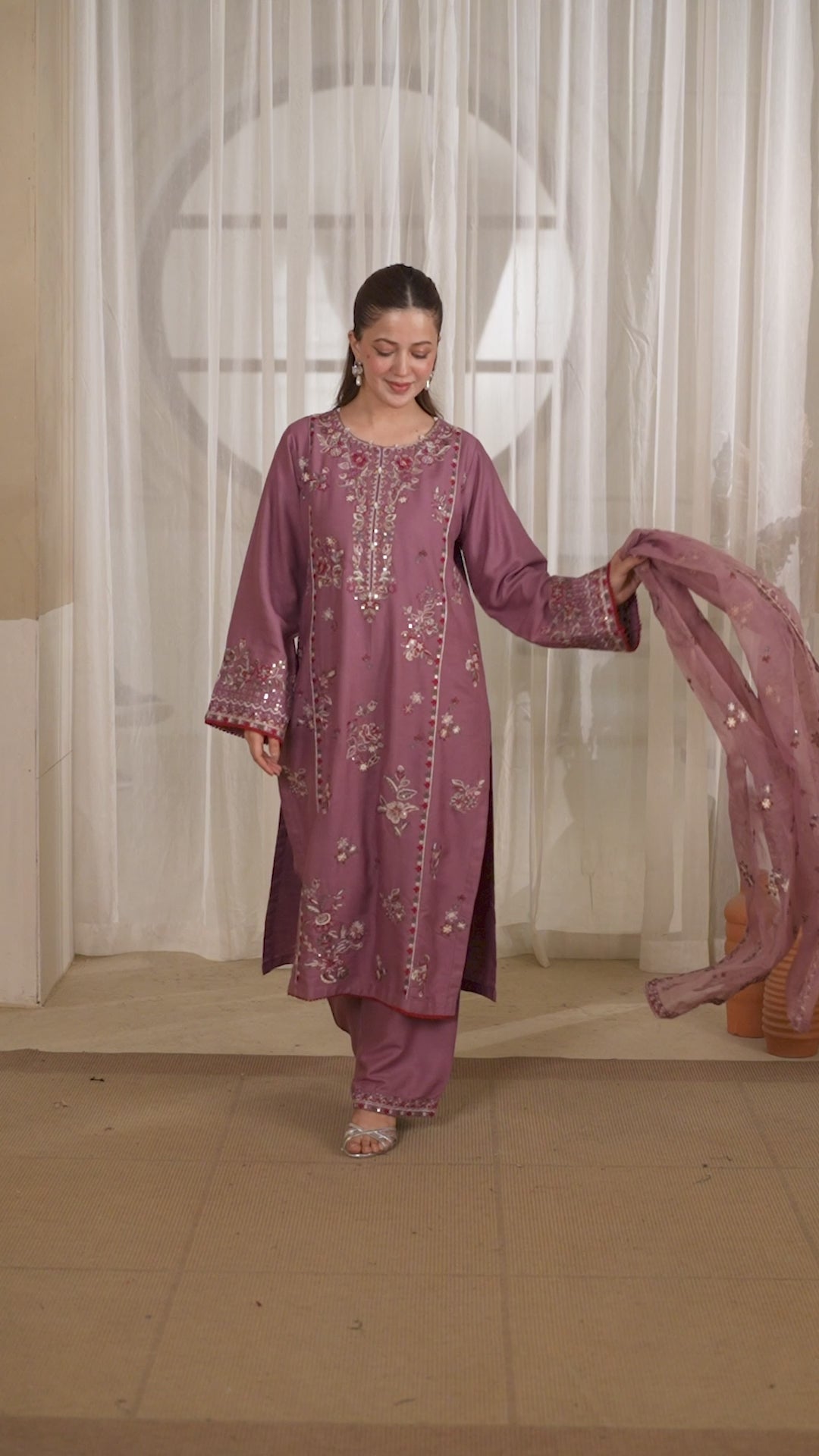 Sarahmaryam Mauve Pink embroidered 3-piece festive party wear kurta set with organza dupatta for women - Tajori Bangladesh