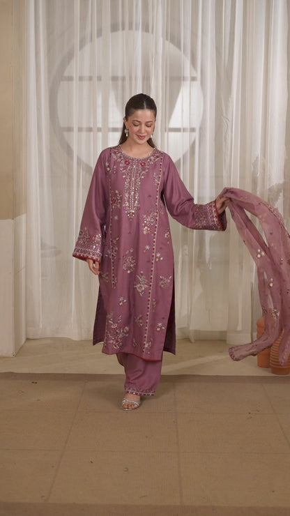 Sarahmaryam Mauve Pink embroidered 3-piece festive party wear kurta set with organza dupatta for women - Tajori Bangladesh