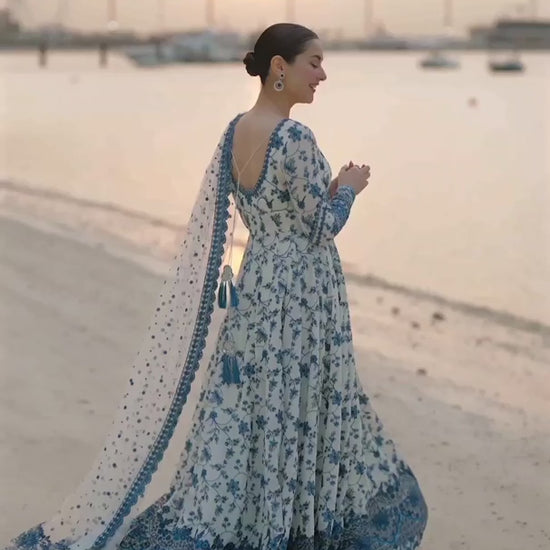 Hania Aamir featuring Faiza Saqlain Jehona 2026 collection, blue floral unstitched lawn 3-piece suit video showcase