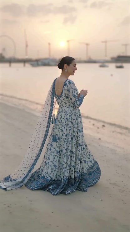 Hania Aamir featuring Faiza Saqlain Jehona 2026 collection, blue floral unstitched lawn 3-piece suit video showcase