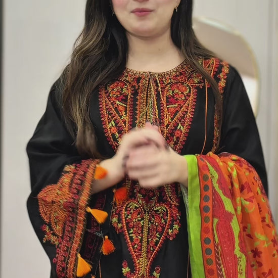 Inaya by Tehzeeb Libas black embroidered stitched lawn suit with printed dupatta styling video, authentic Pakistani designer dress pre-order at Tajori Bangladesh