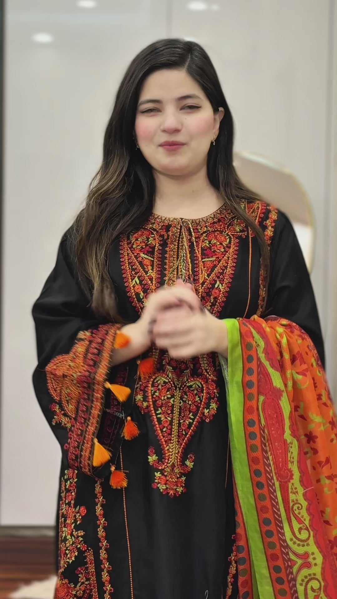 Inaya by Tehzeeb Libas black embroidered stitched lawn suit with printed dupatta styling video, authentic Pakistani designer dress pre-order at Tajori Bangladesh