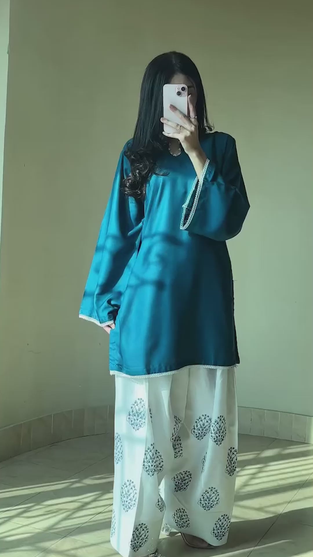 Tehzeeb Libas Sophie collection showcase, teal silk kurta with floral printed white farsi shalwar video