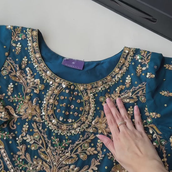 Detailed product showcase video of Haseens Official Heera cobalt blue stitched anarkali maxi and accessories