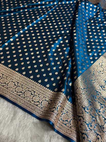 Close-up back view of Zaira German Blue Indian Saree, premium silk fabric, Tajori Bangladesh collection