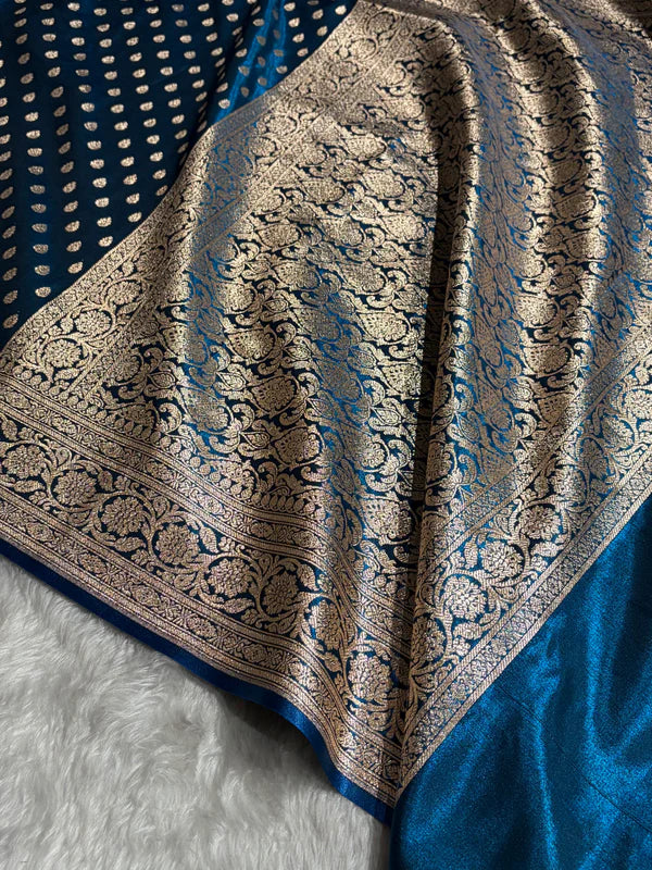 Model showcasing Zaira German Blue Satin Silk Indian Saree pallu design, Tajori store in Bangladesh