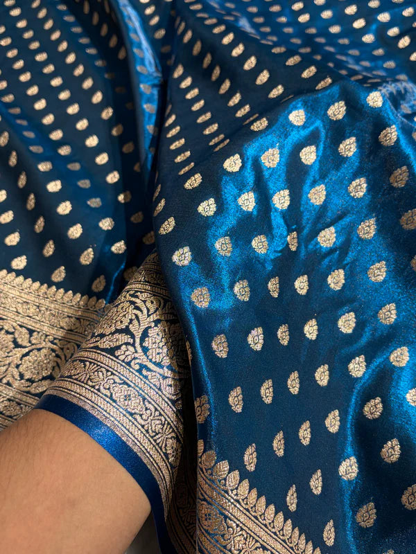 Detailed embroidery on the pallu of Zaira German Blue Indian Saree, imported by Tajori for Bangladesh customers