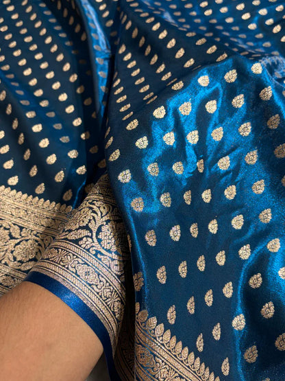 Detailed embroidery on the pallu of Zaira German Blue Indian Saree, imported by Tajori for Bangladesh customers