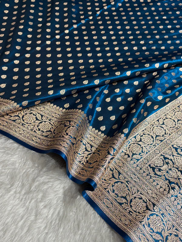 Side profile of model wearing Zaira German Blue Satin Silk Indian Saree, luxury traditional wear at Tajori Bangladesh