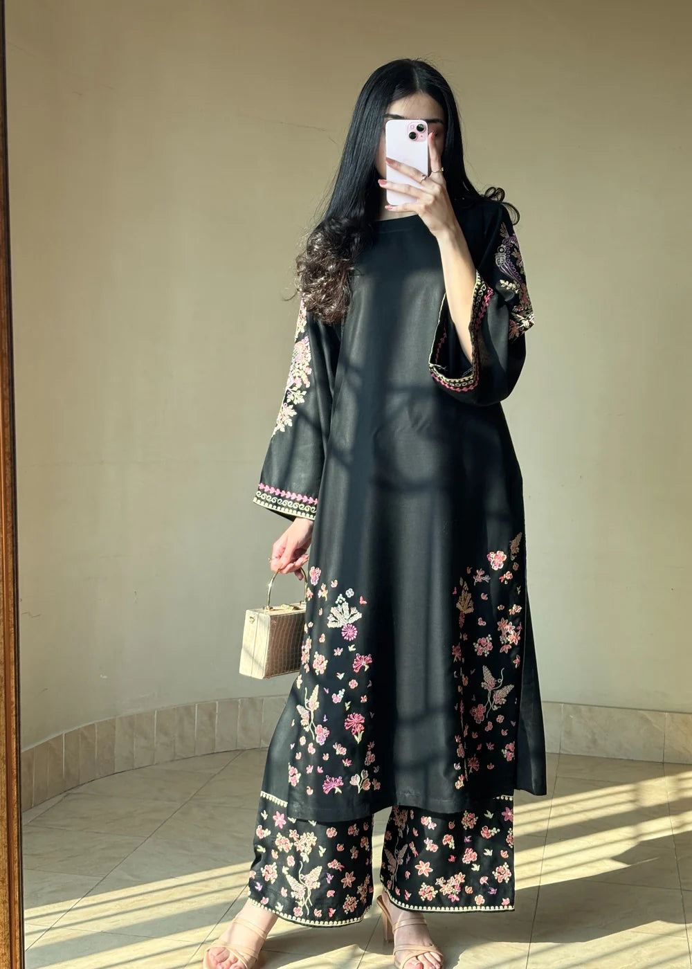Premium Black Embroidered Lawn Kurta Set with Palazzo (2-Piece)