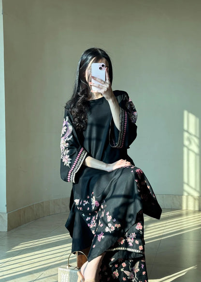 Trendy black embroidered long kurti and trousers set party wear Bangladesh